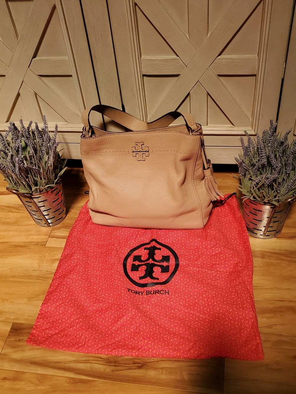 Tory Burch Pebbled Leather Shoulder Bag in Taupe